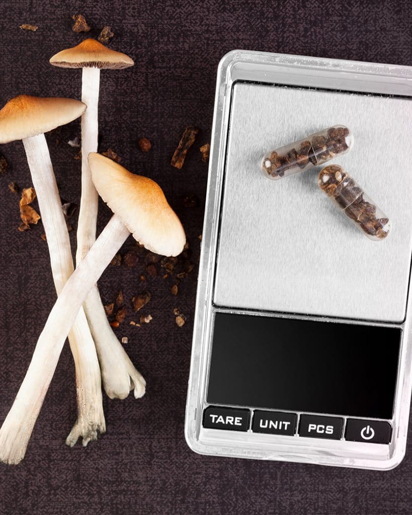 DoubleBlind: Image of psychedelic mushrooms and small capsules on measuring scale. In this article, DoubleBlind explores microdosing LSD, psilocybin, and DMT for anxiety.
