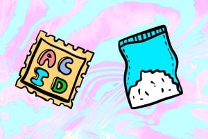 LSD tab and white powder