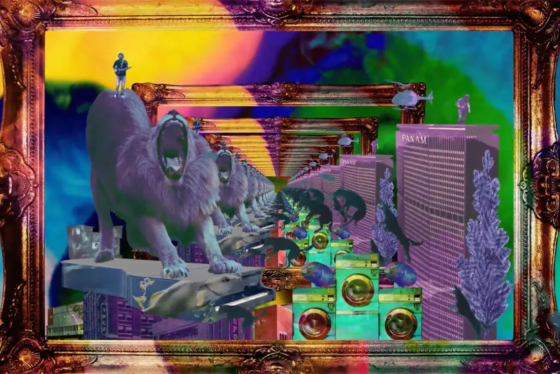 Trippy collage with roaring lion
