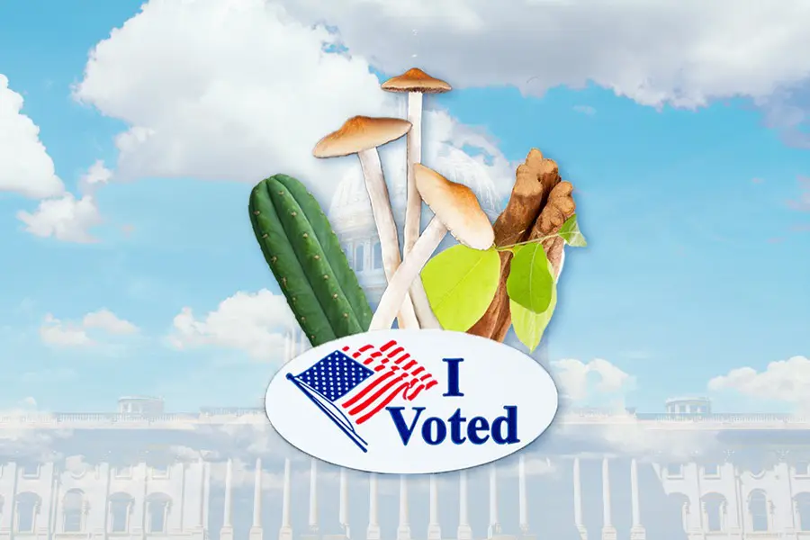 I voted sticker with San Pedro cactus, psilocybin mushrooms, and ayahuasca