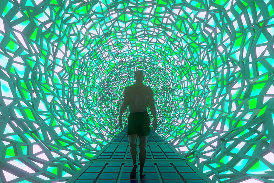 Man walking down fractal hallway