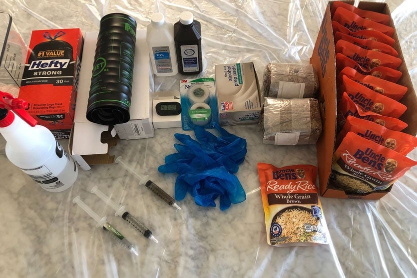 Image of supplies needed to grow mushrooms using the PF or Spiderman Tek: spore syringe, gloves, Uncle Ben's rice, micropore tape, garbage bages, isopropyl alcohol, heating mat.