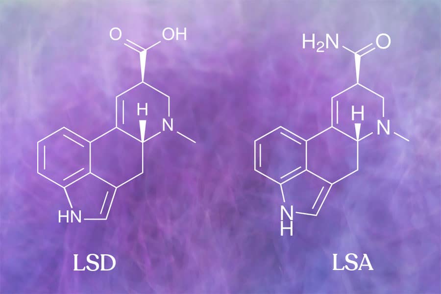 Chemical structures of LSD and LSA