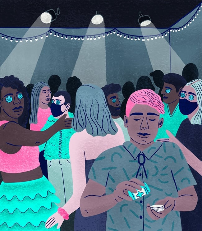 illustration of person taking legal psychedelic in club setting