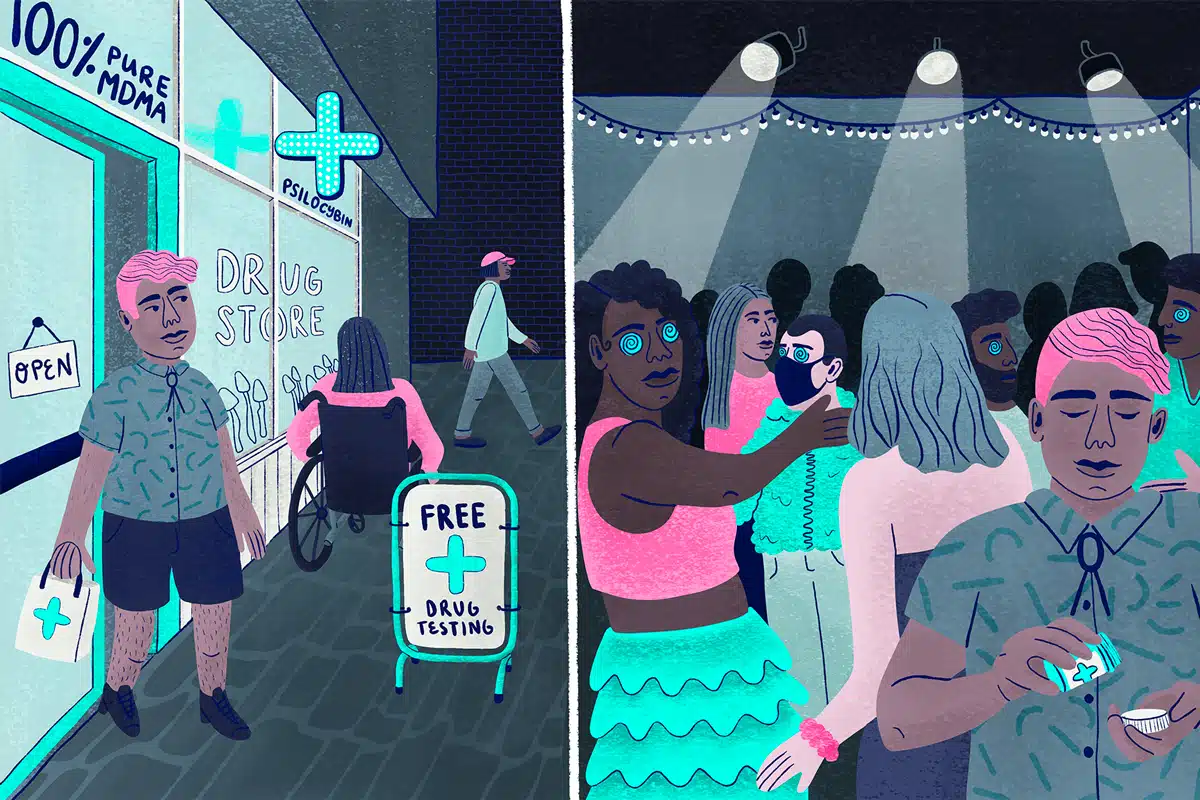 illustration of people buying legal drugs at store and using them in club