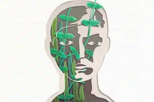 paper collage of plant growing out of person's head