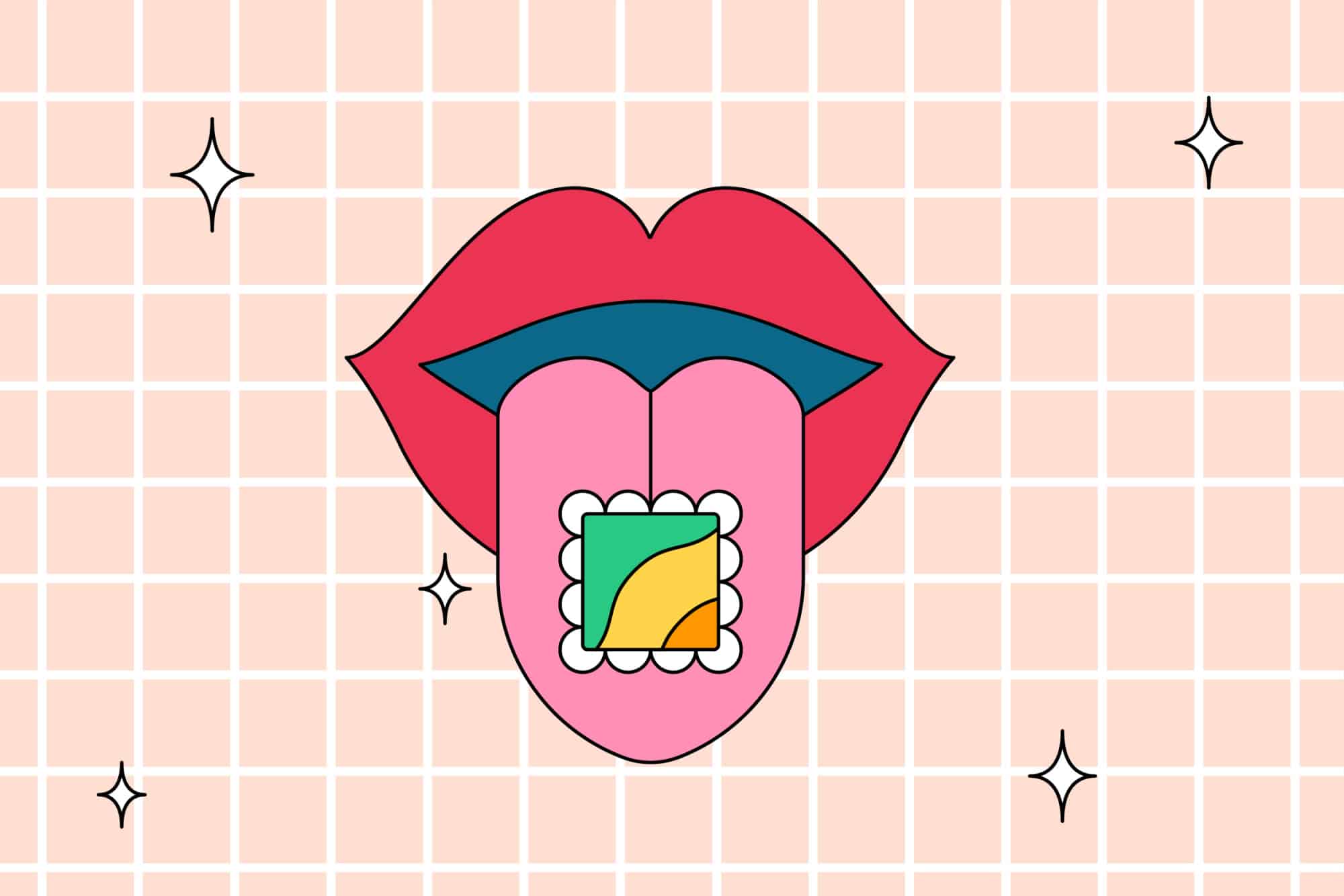 digital illustration of tongue with LSD tab on it