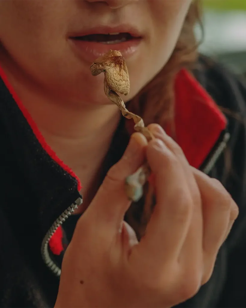woman eating dried psilocybin shroom