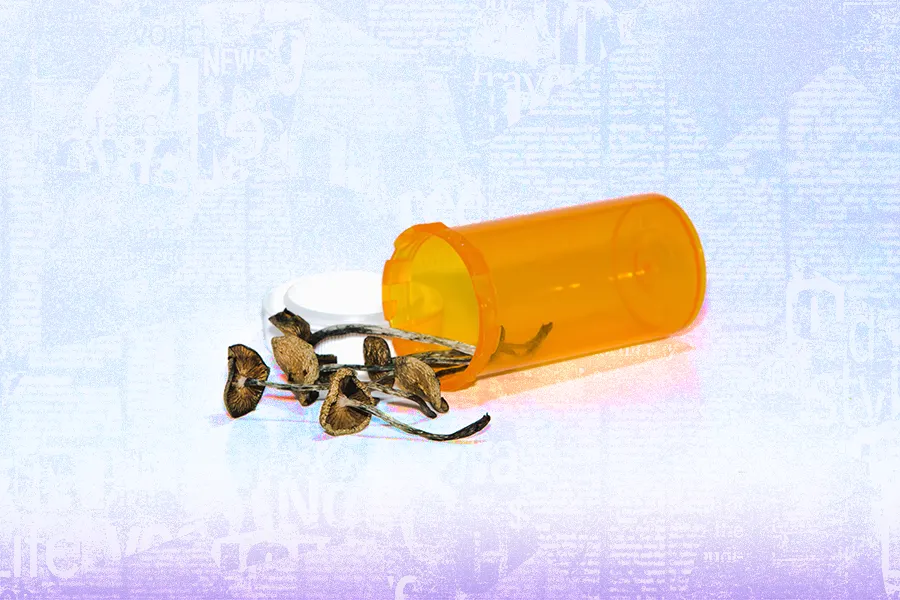pill bottle and psychedelic mushrooms