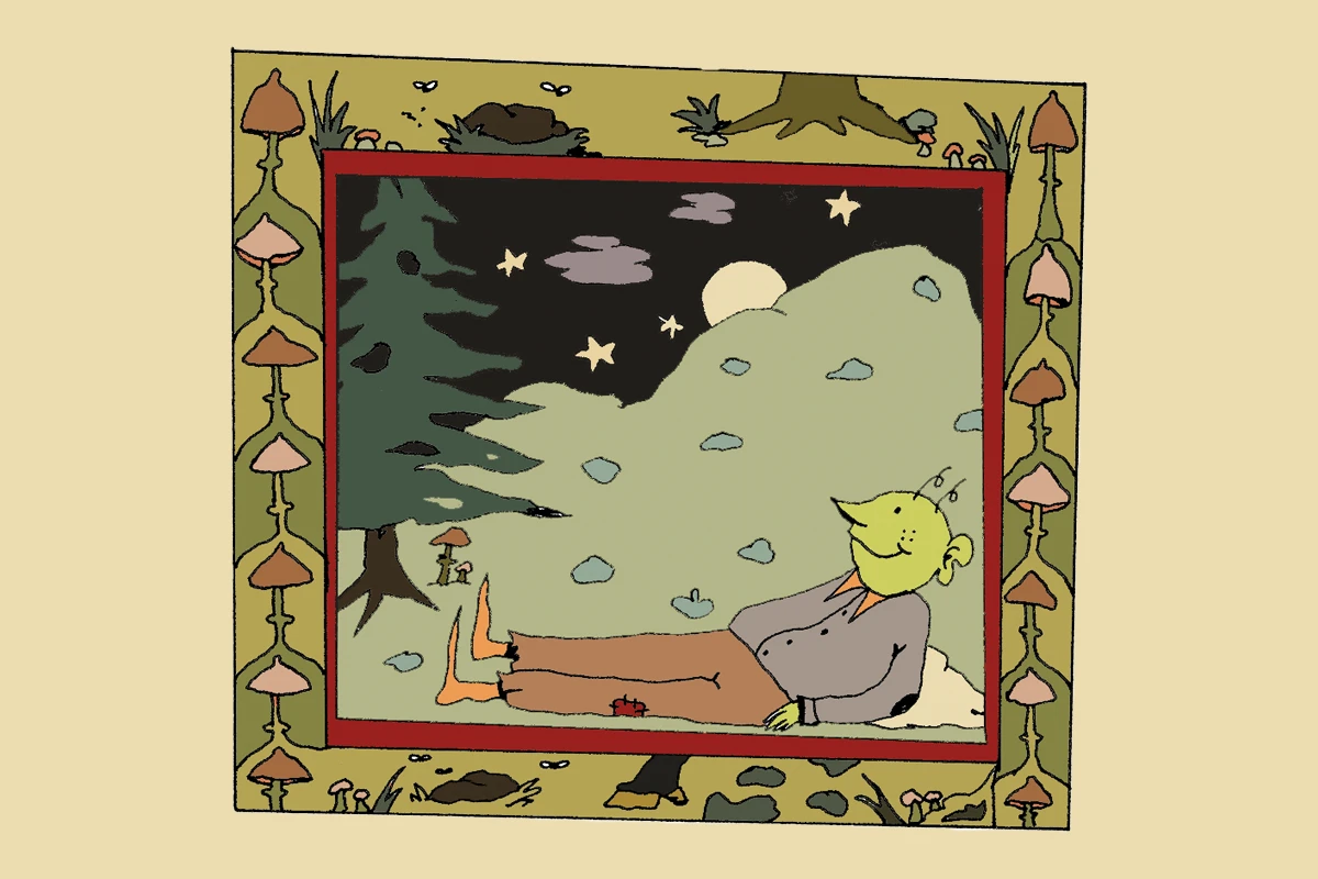illustration of man laying in forest
