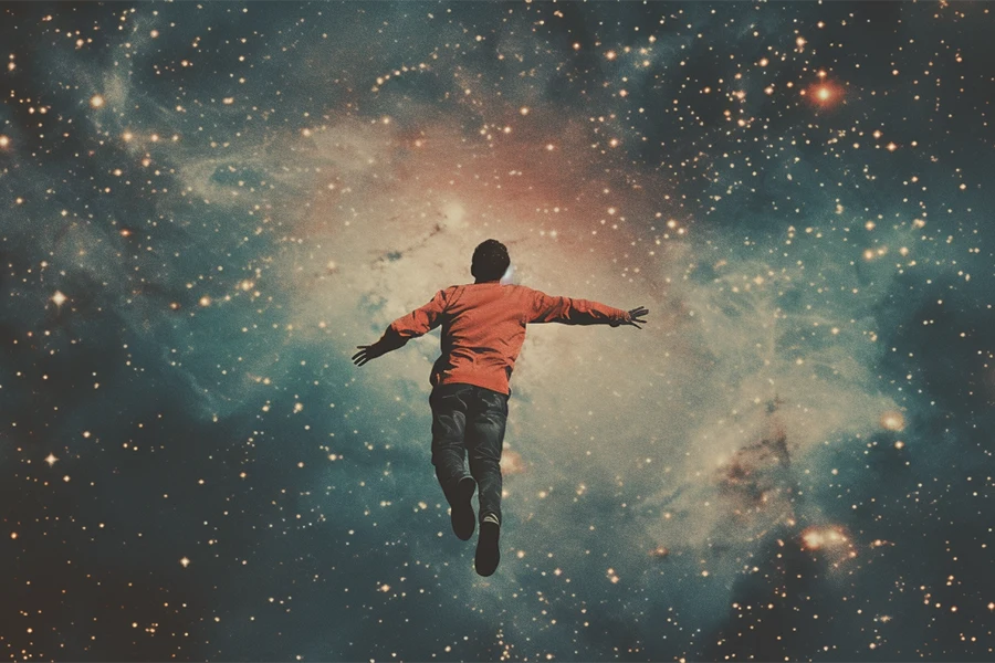 person floating in space