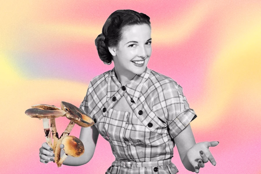 1950s woman holding psilocybin shrooms