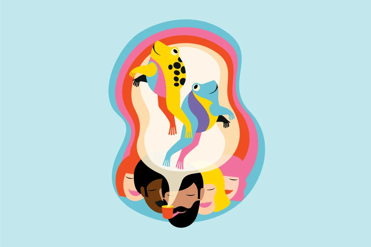 illustration of people with pipe smoking toads floating