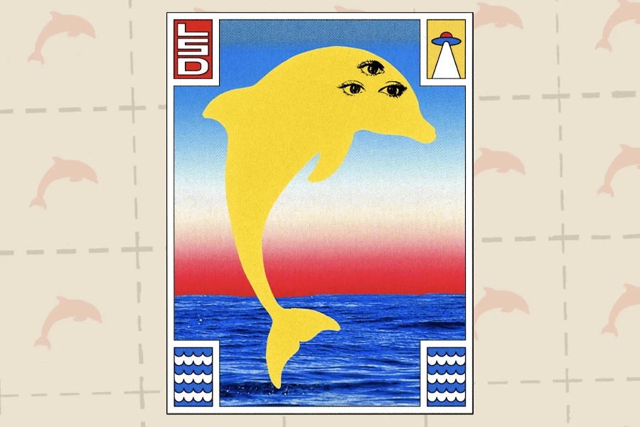 illustration of dolphin with three eyes jumping over water with word LSD in top corner and UFO in right corner