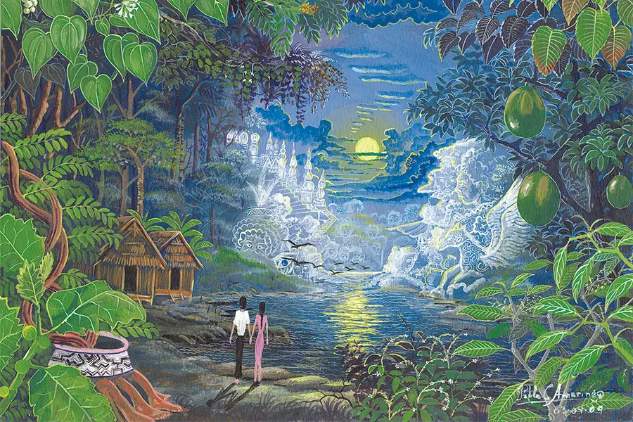 painting of two people walking in a moonlit jungle, by visionary artist Pablo Amaringo