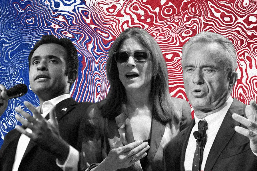 composition image of RFK Jr., Marianne Williamson, and Vivek Ramaswamy on a red white and blue background
