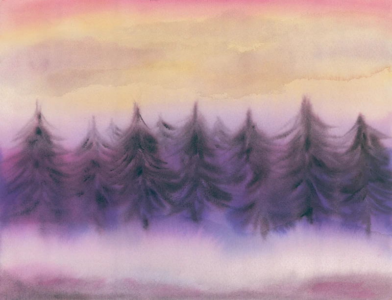 watercolor panting of trees and sky