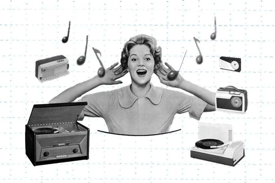 woman with hands to ears, music notes, and record players