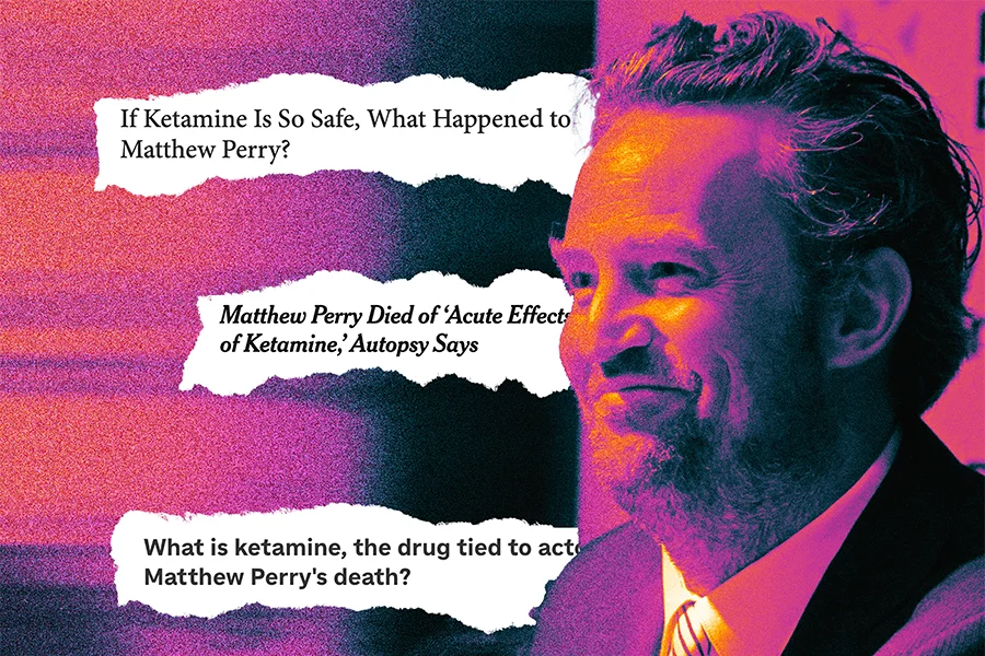 image of actor Matthew Perry with headlines about ketamine related death collaged