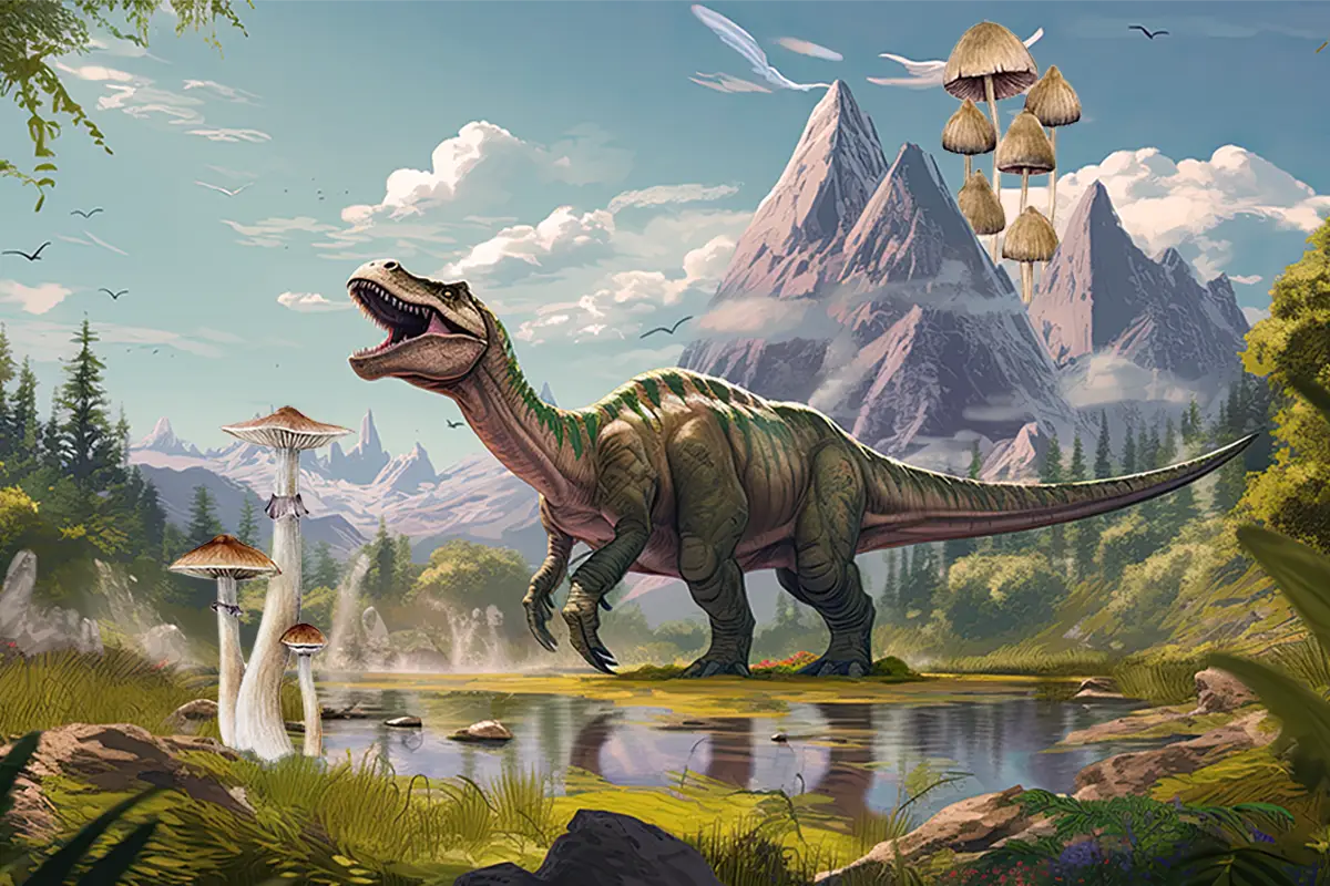 dinosaur illustration with psilocybe mushrooms