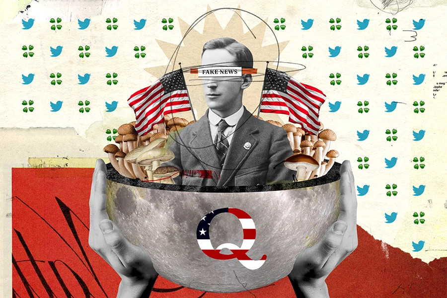 collage of hands holding moon with letter Q, american flag, mushrooms, and "Fake News" sign