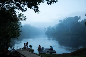 Image Depicting Silhouettes of Matsés People in River