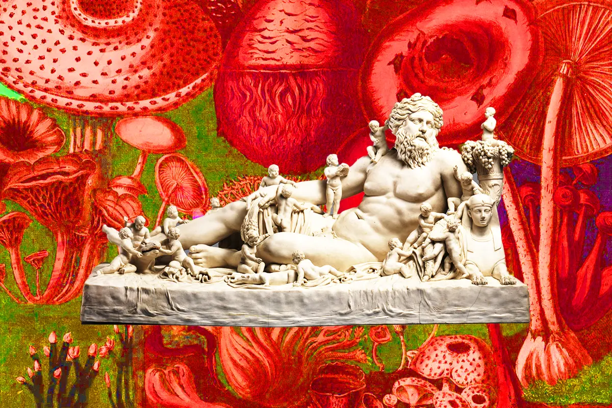 Image Depicting Ancient Roman Statue of Man Laying Down On Colorful Mushroom Illustration Background