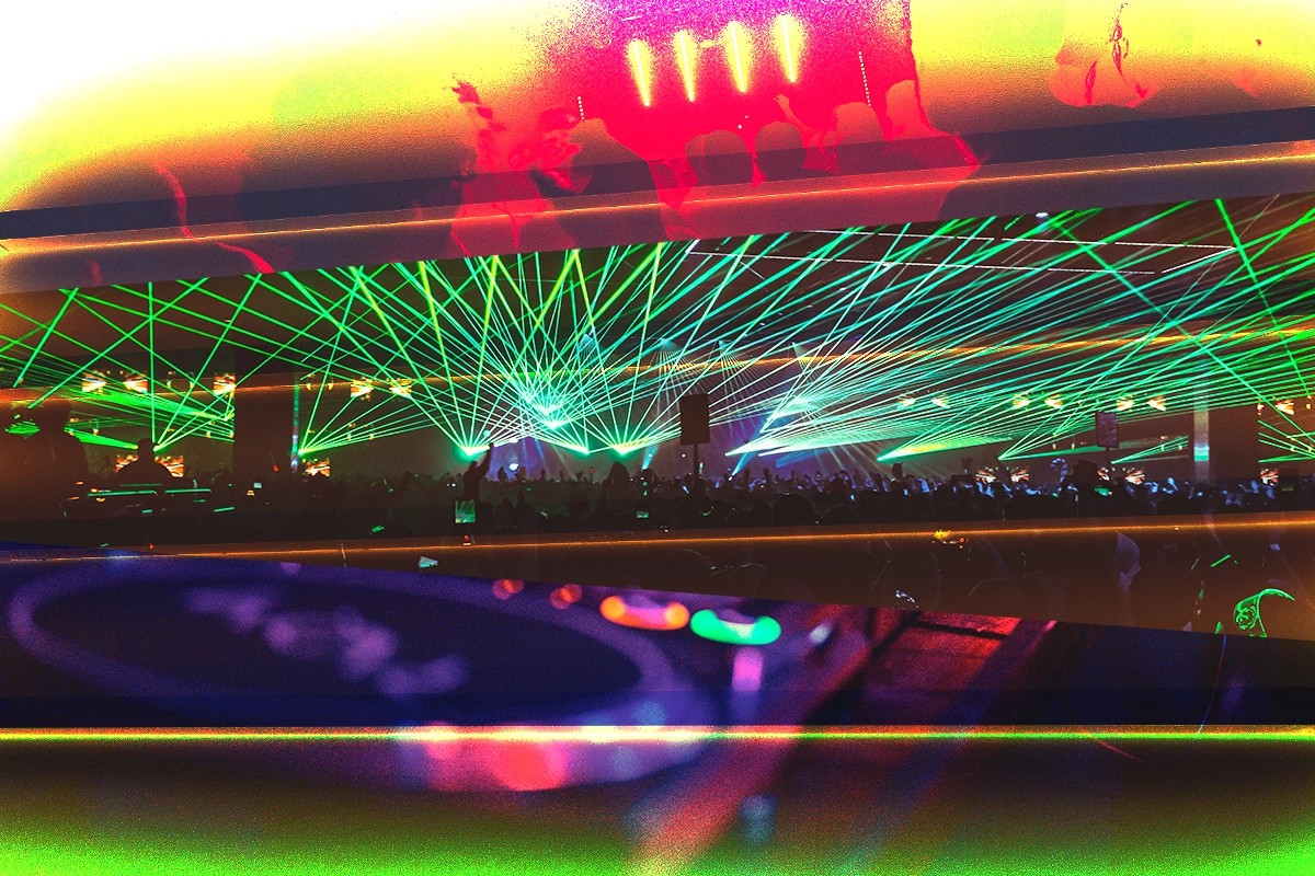 Photo Depicting Blurry Collage of Raves, Laser Lights, and DJ Table