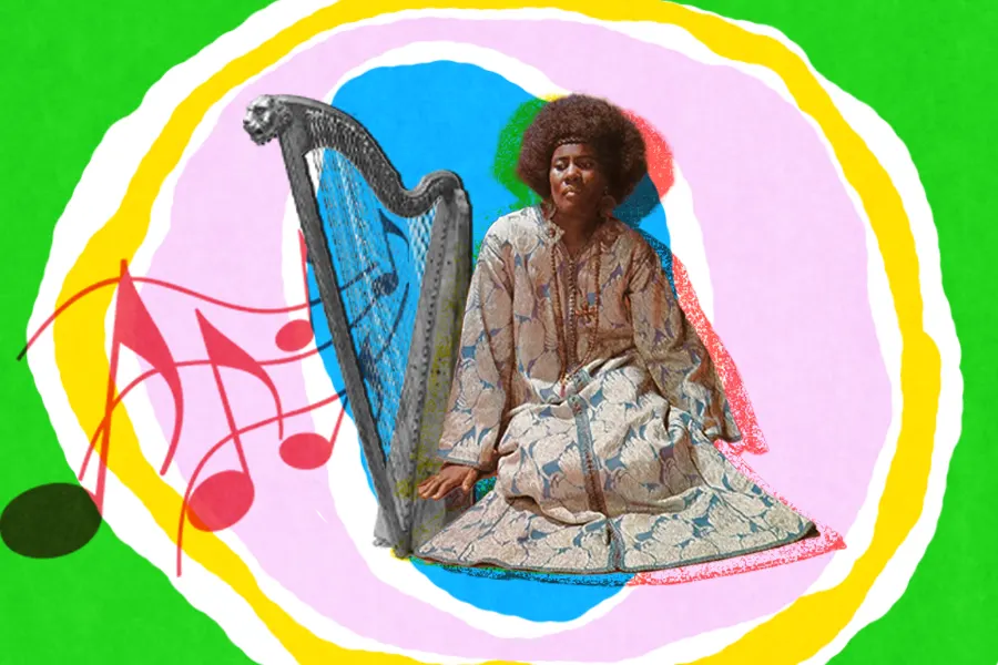 Image Depicting Collage of Alice Coltrane Next to Harp with Music Notes on an Abstract Colorful Background