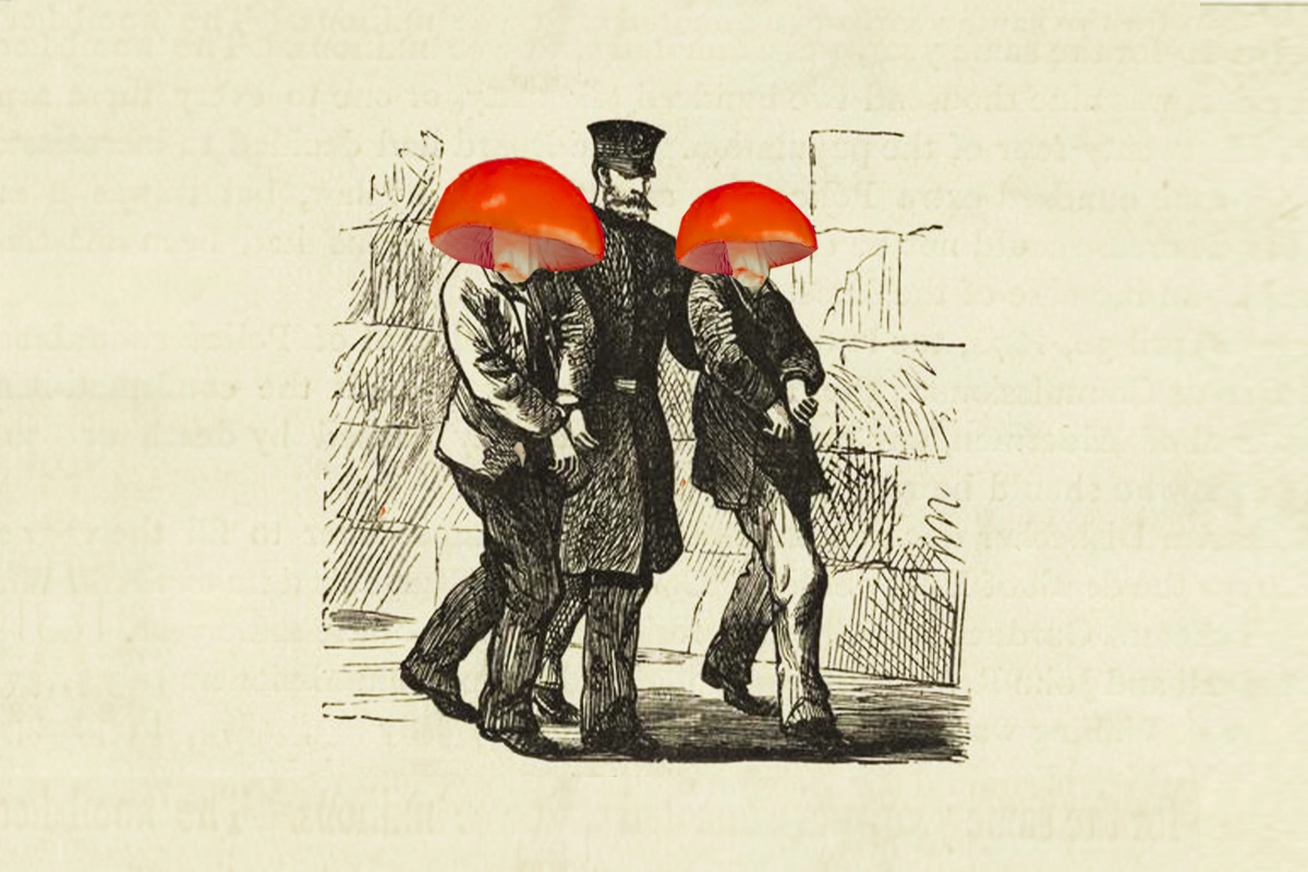 Image Depicting Collage of Vintage Illustration of Police Officer Arresting Two People with Mushrooms as Heads