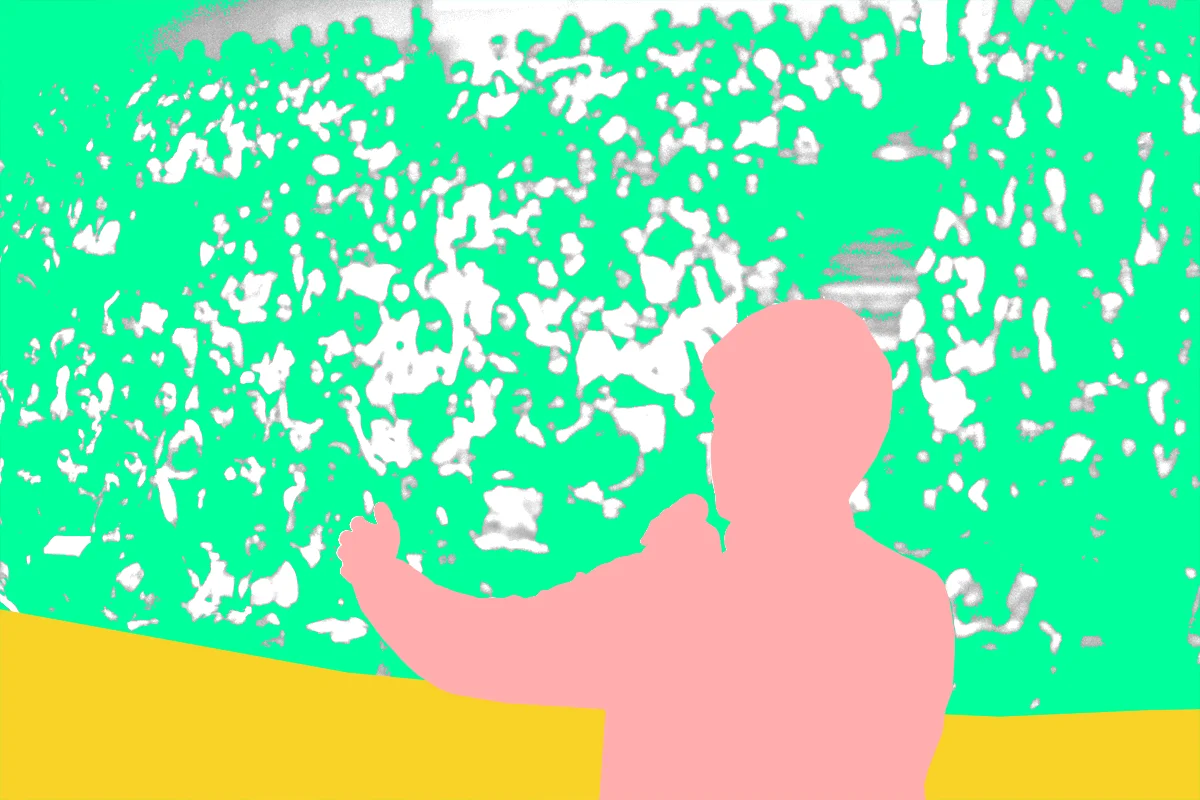 Image Depicting Color Blocked Collage of Person Speaking On Stage with Psychedelic Green Background
