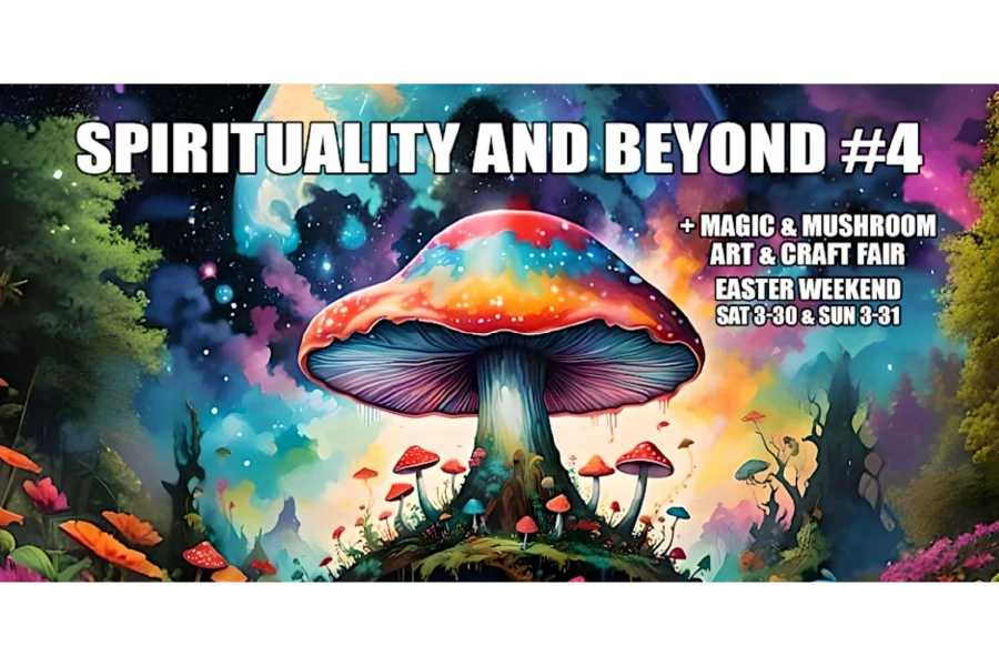 Image Depicting Surreal Mushroom Illustration with Words Spirituality and Beyond