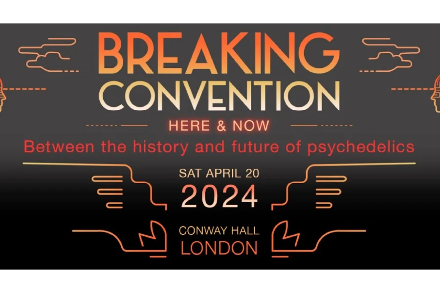 Image Depicting Flyer with Dark Gray Background with Words "Breaking Convention" In Orange