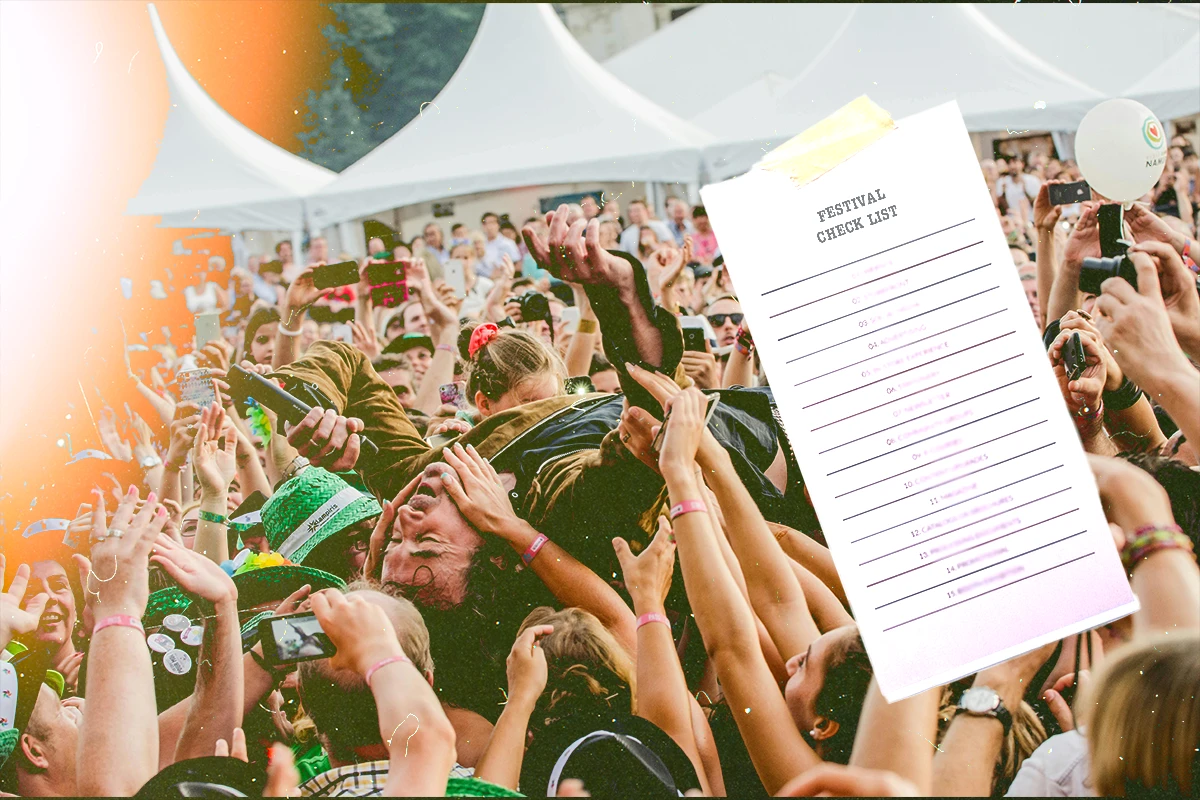 Image Depicting Man Crowd Surfing in Festival and Check List Superimposed