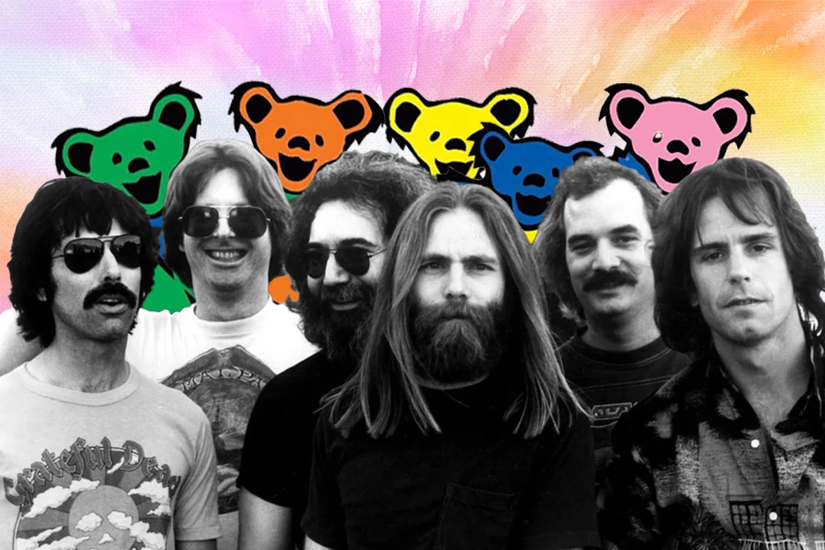Collage of Grateful Dead Band with Grateful Dead Bears and Tie Dye Background