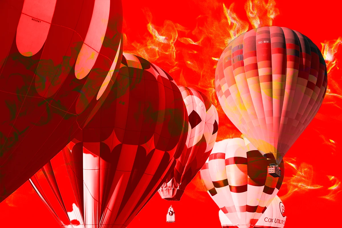 Collage of Hot Air Balloons with Red Fire Background
