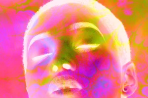 Collage of Woman with Closed Eyes and Kaleidoscopic Colorful Overlay
