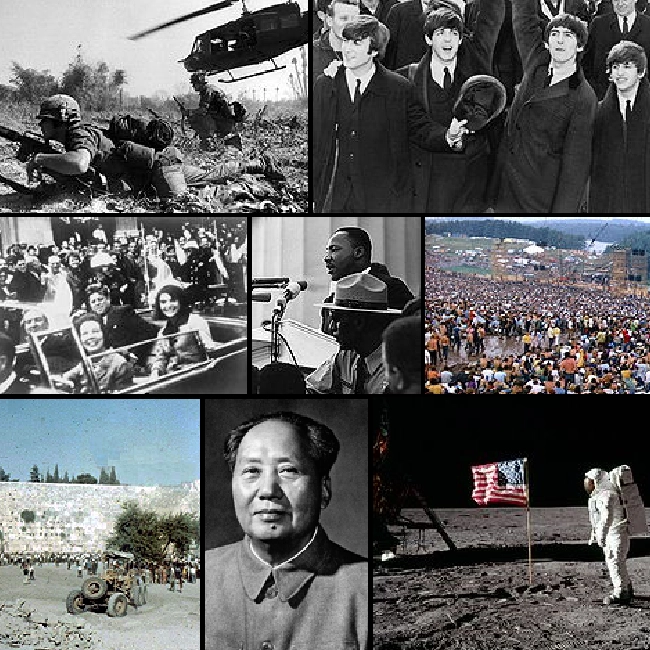 Montage of Mao, Moon Landing, The Beatles, MLK and other significant 1960s events