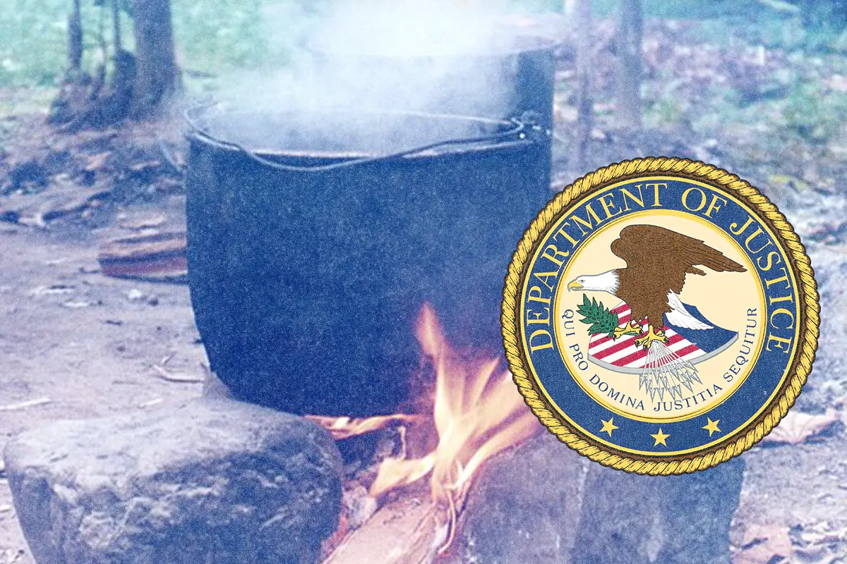 Collage of Department of Justice Logo on Ayahuasca Cauldron Background