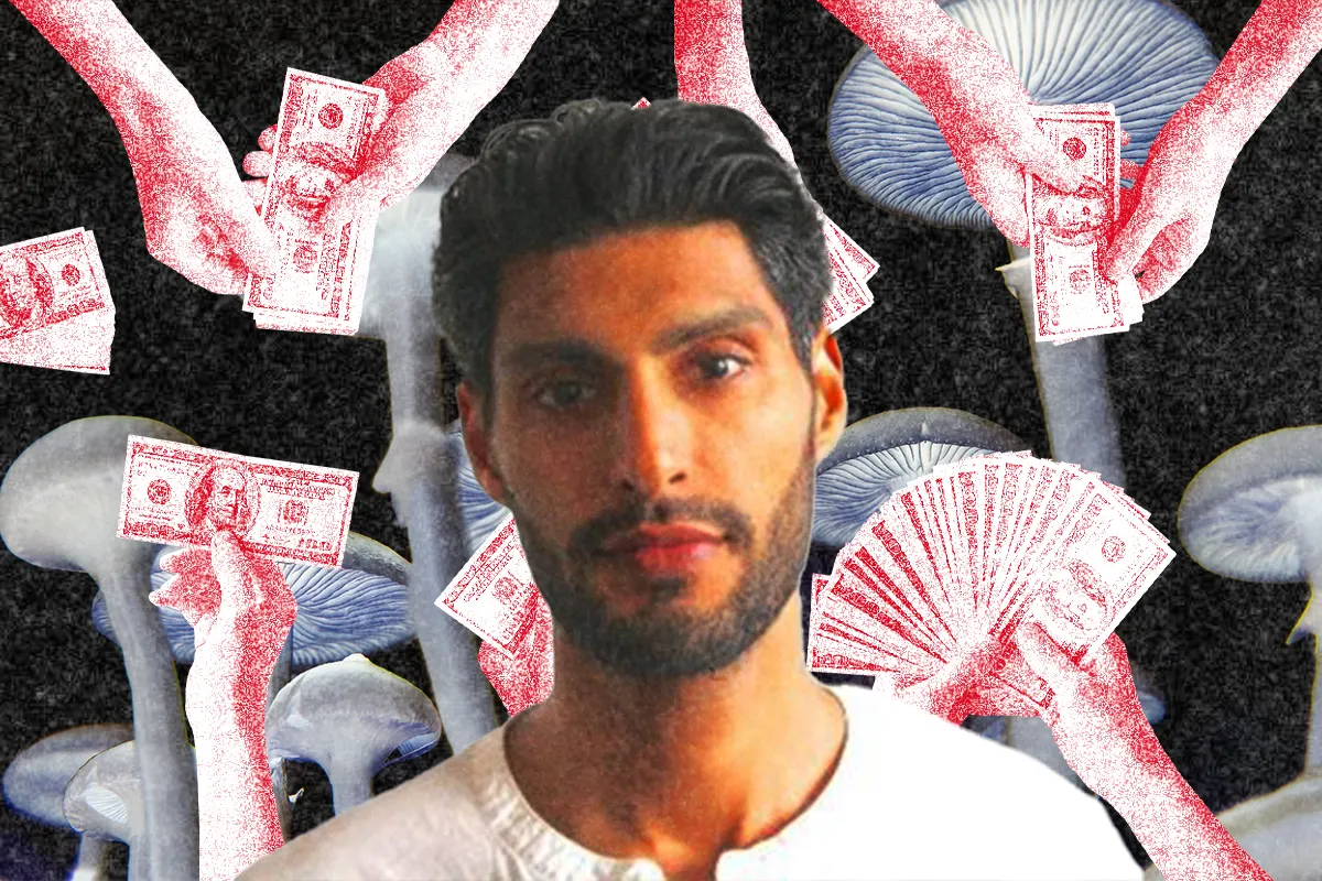 Collage of Alnoor, hands holding money, and mushrooms