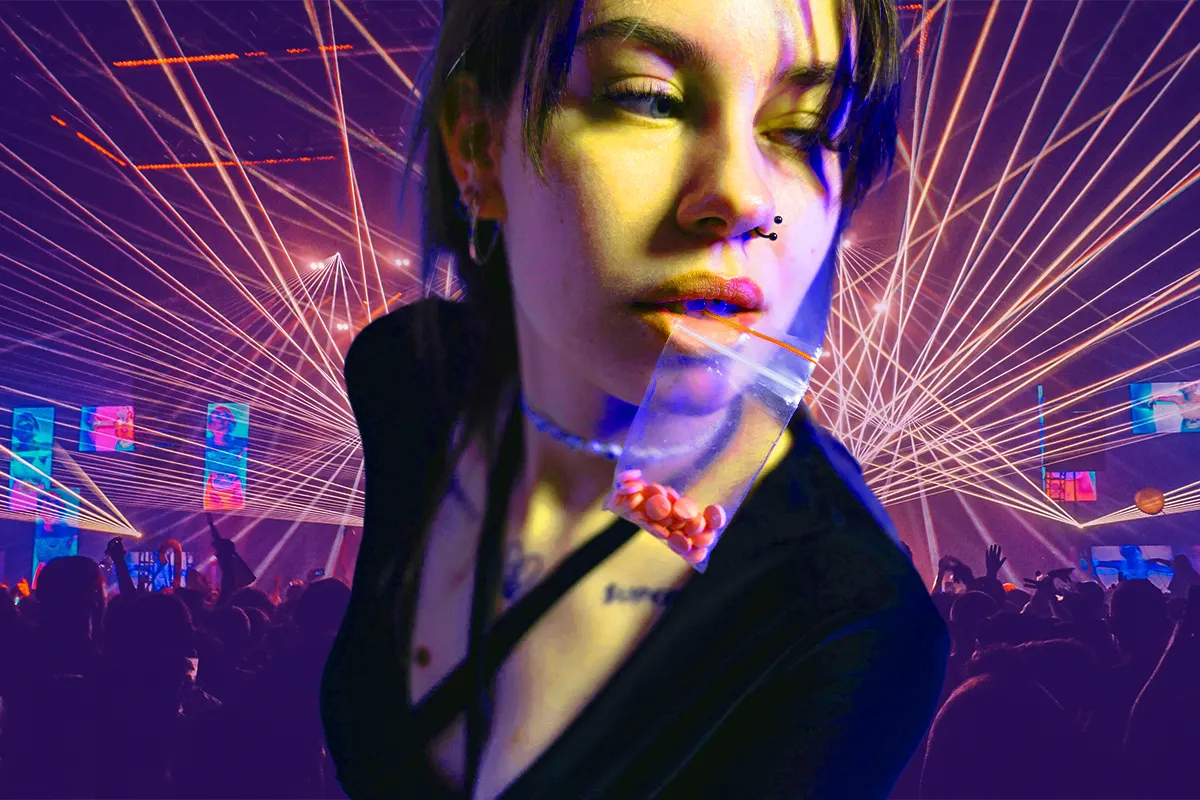 Collage of Woman with Drugs in Mouth with Rave Background
