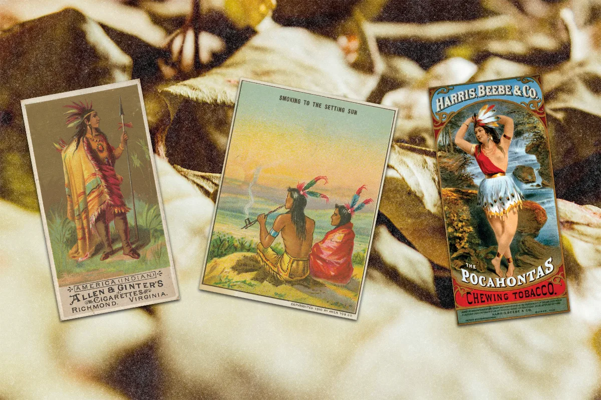 Collage of Tobacco Plant with Old Tobacco Cards Scattered