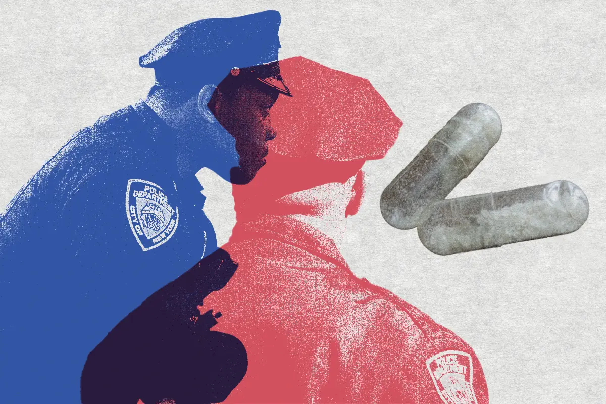 Collage of Two Police Officers and MDMA Capsules