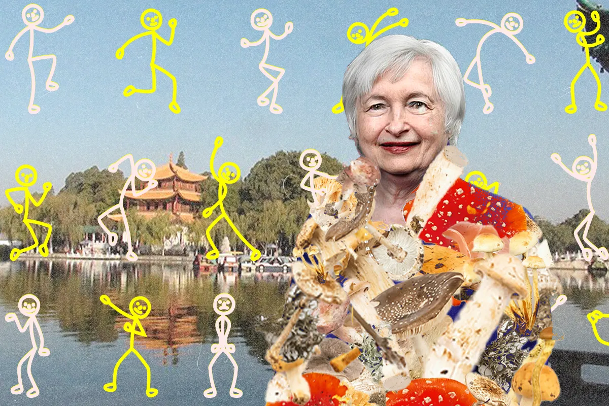 Collage with Janet Yellen covered in Mushrooms and Dancing Stick Figures on Photo of Yun Nan Background