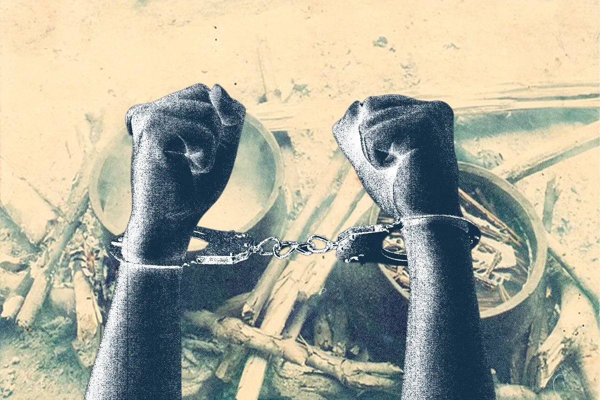 Collage of Hands in Handcuffs with Ayahuasca Brew in Background