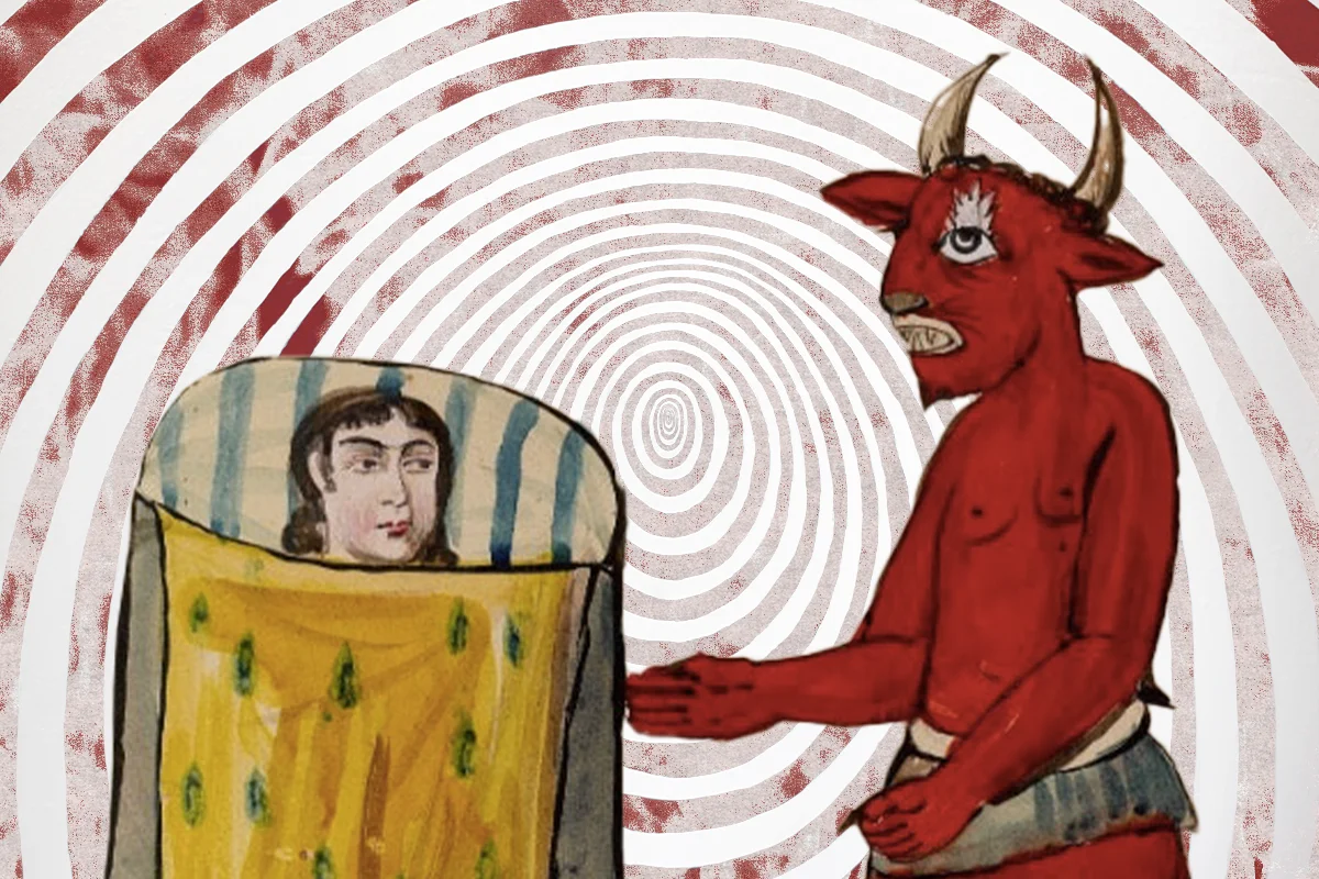 Collage of Illustration of Devil and Person in Bed with Spiral Background