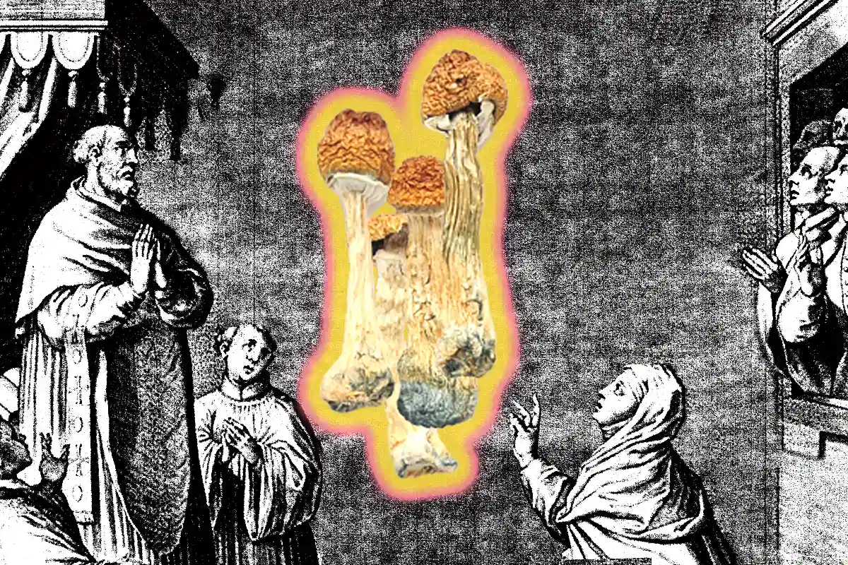 Collage of Old Illustration of People Praying to Psychedelic Mushrooms
