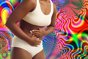 Woman Holding Belly with Trippy Background