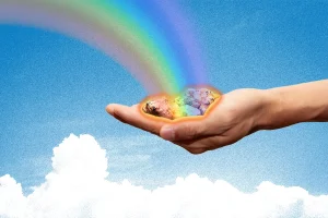 Collage of hand holding mushrooms with rainbow