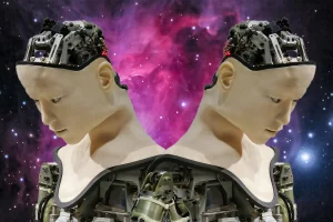 Collage of Human Looking Robots against Background of Outer Space